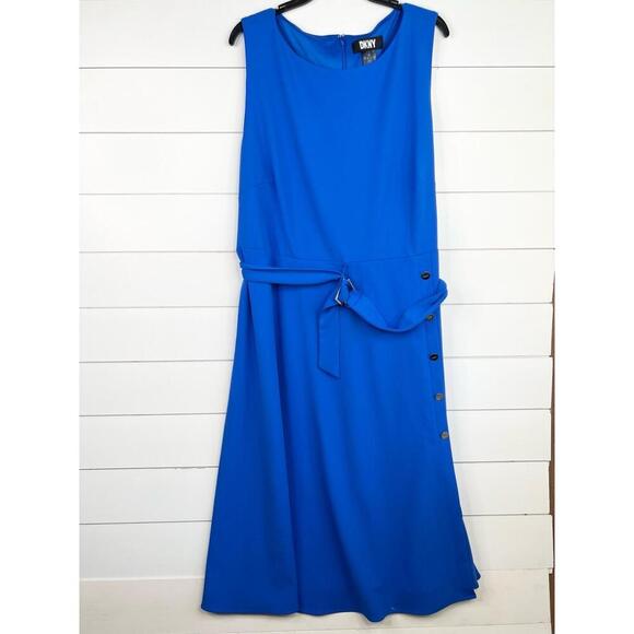 DKNY Blue Waist Belt Button Detail Crew Neck Sleeveless Scuba Crepe Dress Sz 20W - Picture 2 of 15